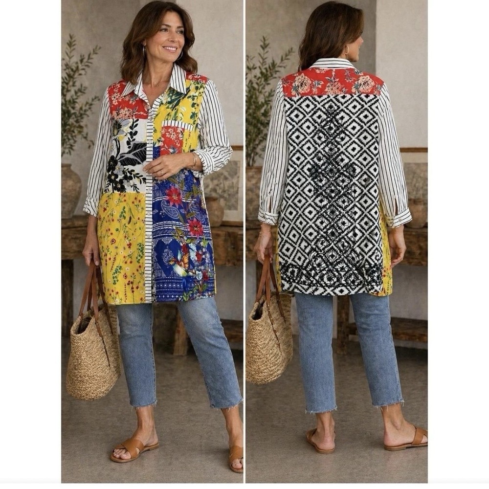 John Mark Floral Patchwork Button Down LS Tunic Sz XL Boho Artsy Lagenlook